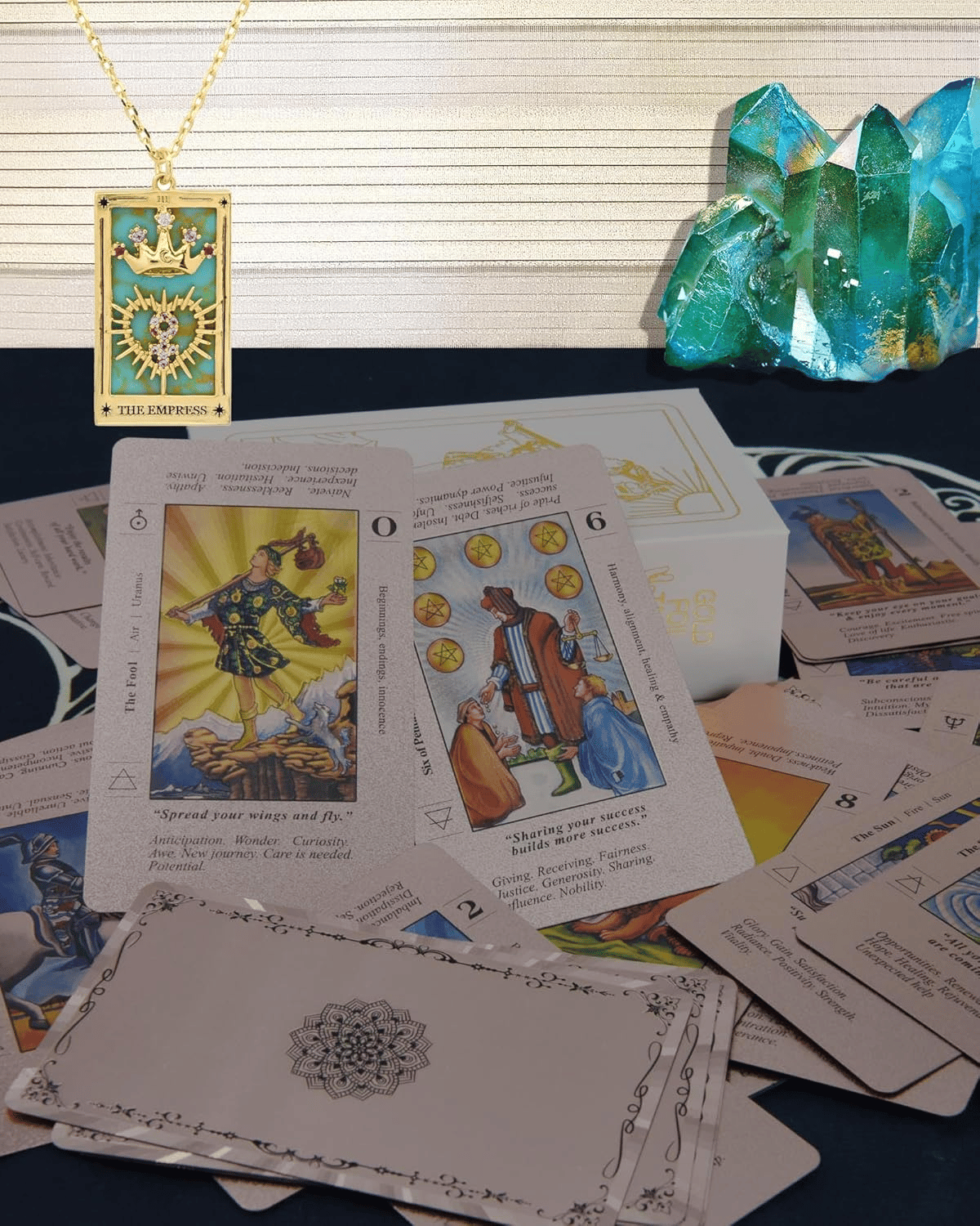 The Witch's Cauldron Rose Gold Tarot Card Set includes a guide booklet and is suitable for beginners. It features information on chakras, planets, zodiac signs, elements, and affirmations.