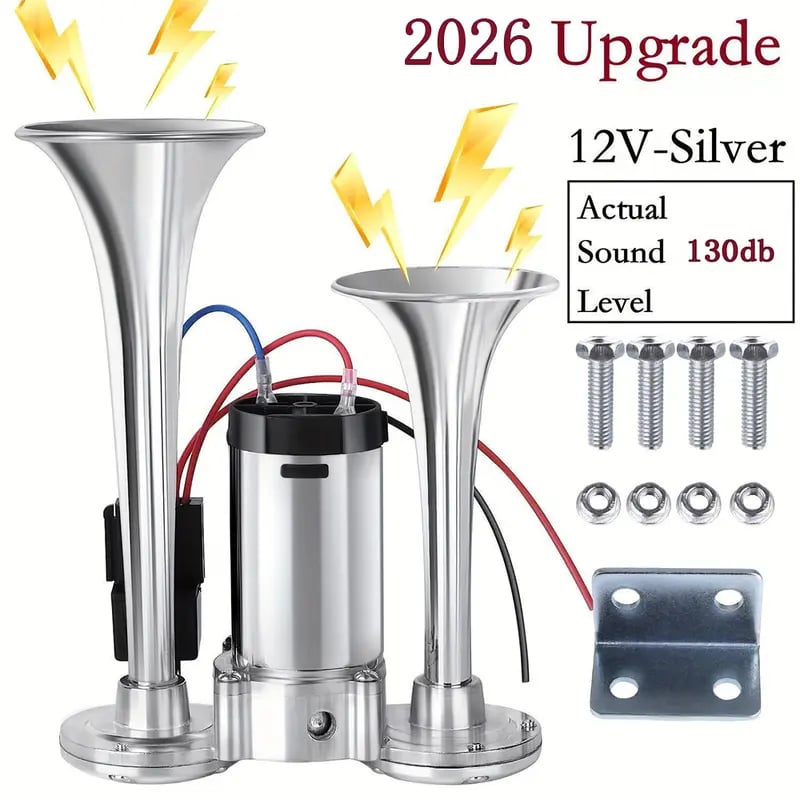 🔥LAST DAY 49% OFF - 🚗🔧2026 Upgraded 12V Dual Air Horn Kit – 130DB Super Loud Dual Horn with Compressor for Cars. Trucks. SUVs. Boats & More(✨Includes installation manual and video guide)