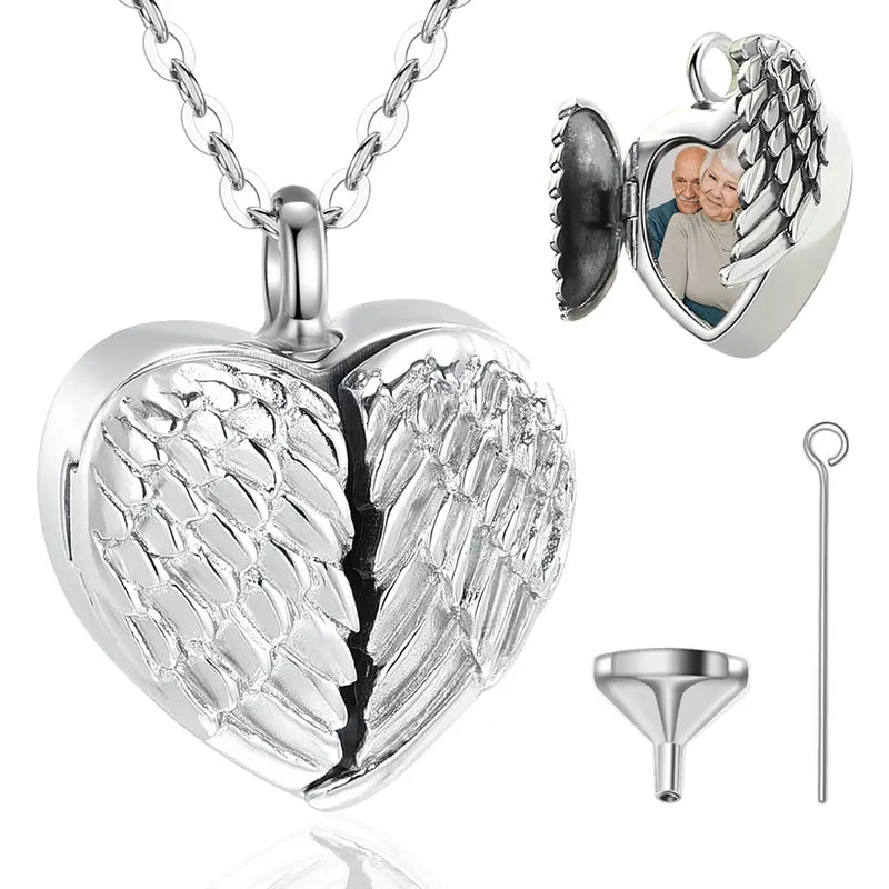Sterling silver cremation locket necklace with angel wings, urn keepsake pendant, custom photo urn jewelry, funeral memorial gift
