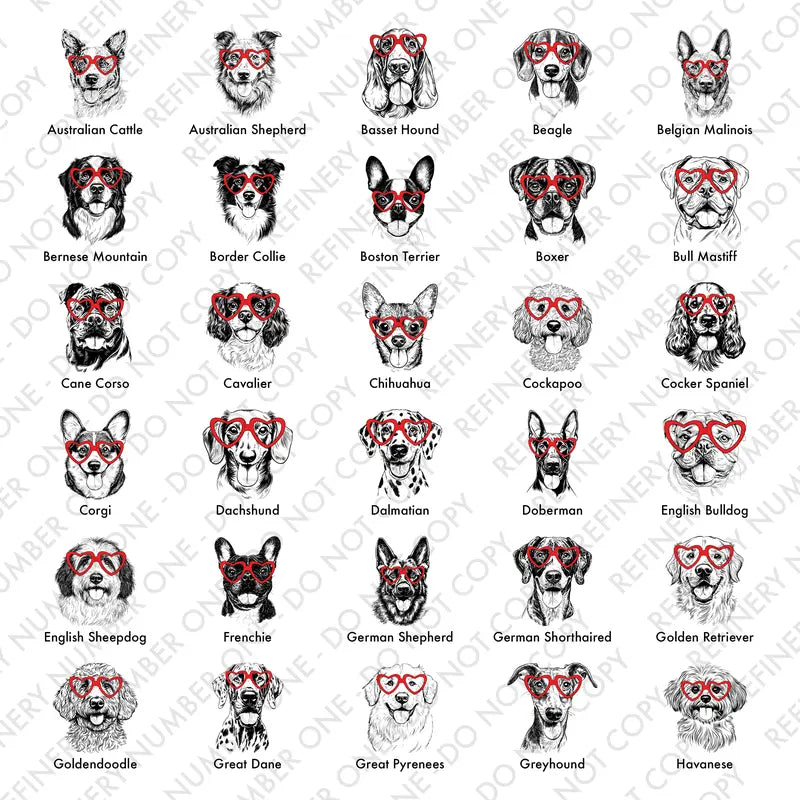 Puppy Love Dog Sweatshirt – 50 Dog Breeds in Adorable Heart Shaped Glasses | Gildan Unisex Crew Pullover