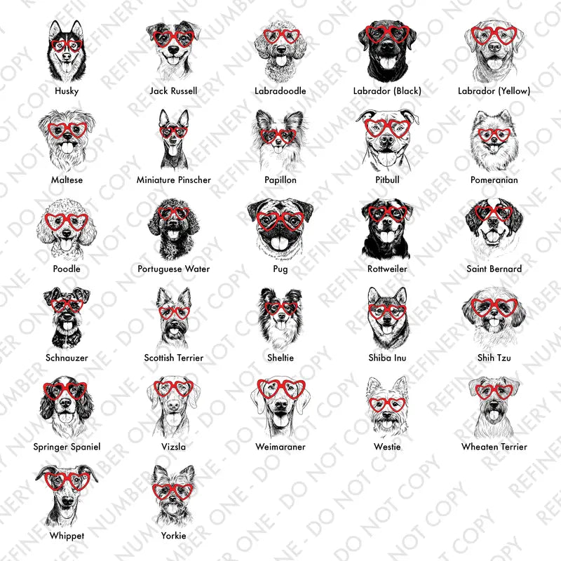 Puppy Love Dog Sweatshirt – 50 Dog Breeds in Adorable Heart Shaped Glasses | Gildan Unisex Crew Pullover