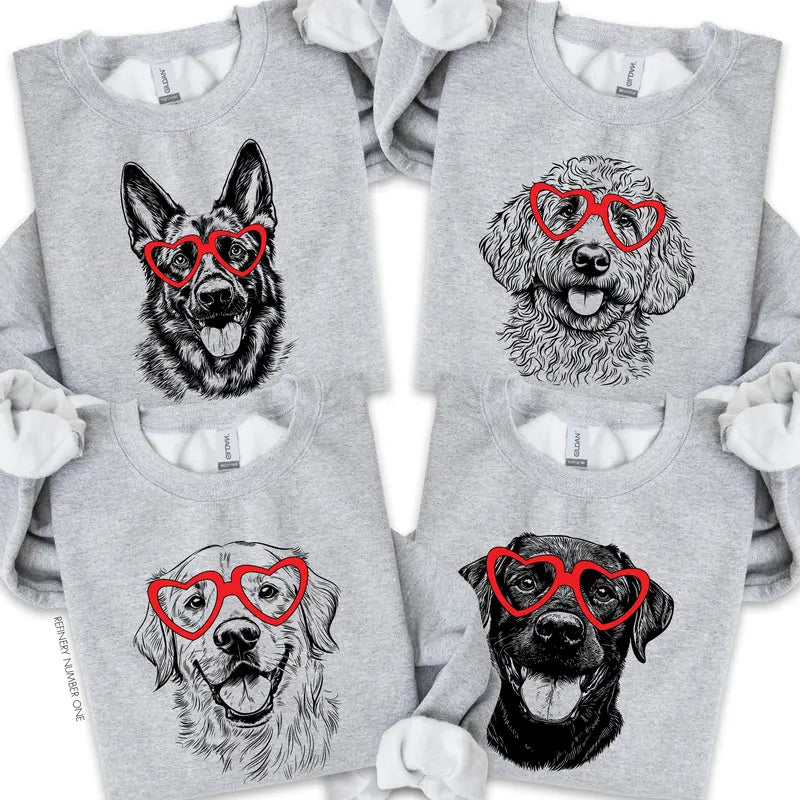 Puppy Love Dog Sweatshirt – 50 Dog Breeds in Adorable Heart Shaped Glasses | Gildan Unisex Crew Pullover