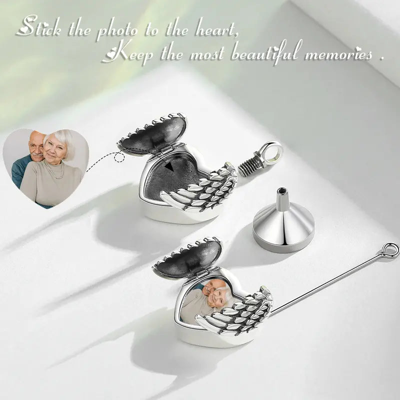 Sterling silver cremation locket necklace with angel wings, urn keepsake pendant, custom photo urn jewelry, funeral memorial gift