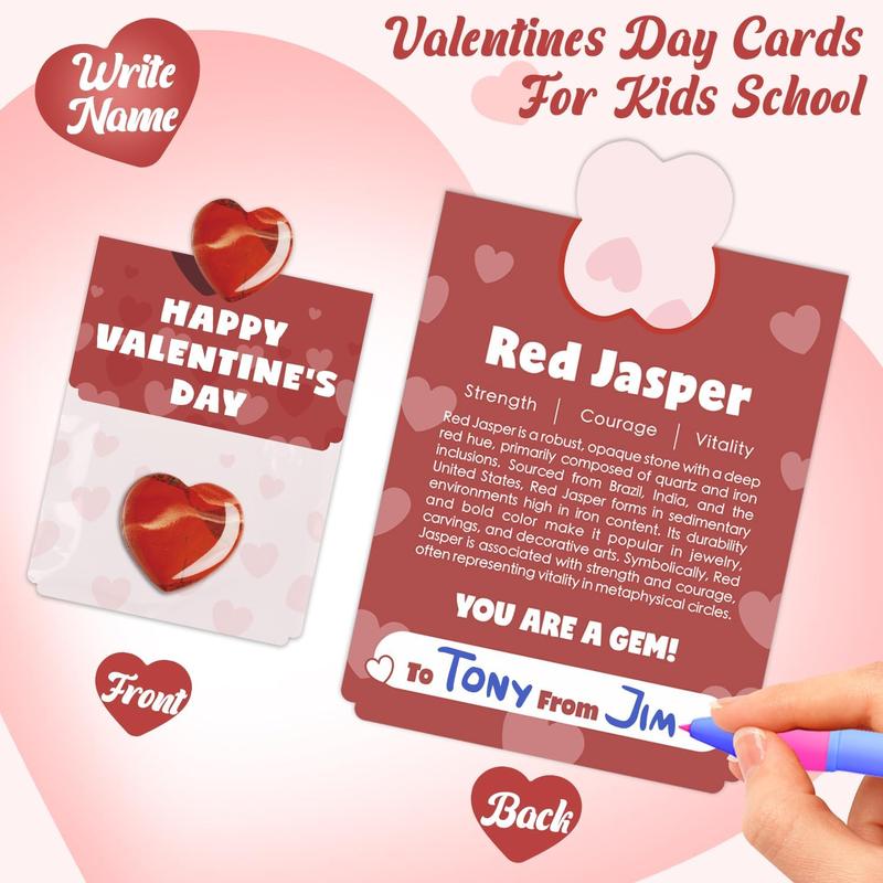 Valentine's Day Gem Gifts for Kids & Adults – 24-Pack Prefilled Cards with Heart-Shaped Gemstones