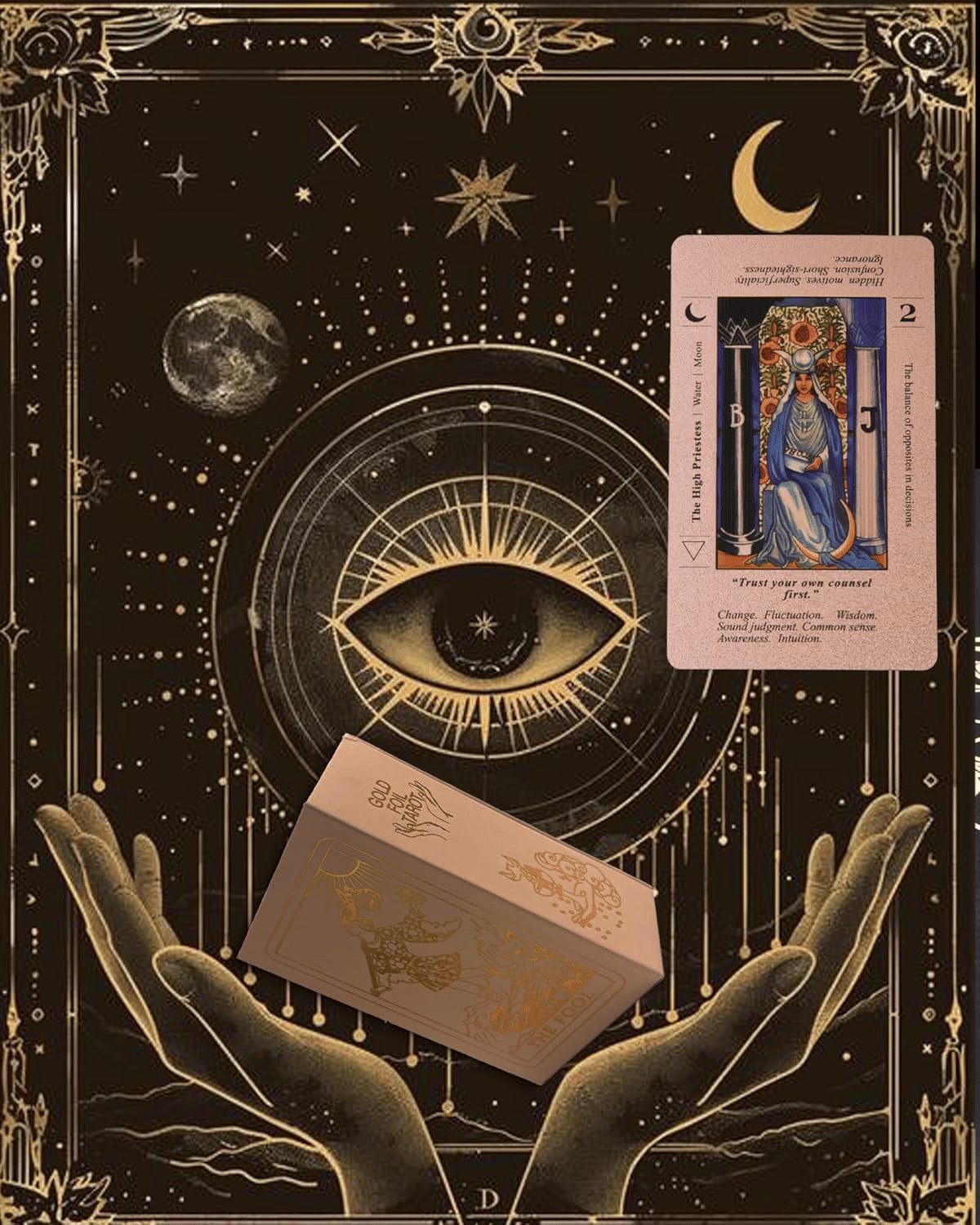 The Witch's Cauldron Rose Gold Tarot Card Set includes a guide booklet and is suitable for beginners. It features information on chakras, planets, zodiac signs, elements, and affirmations.