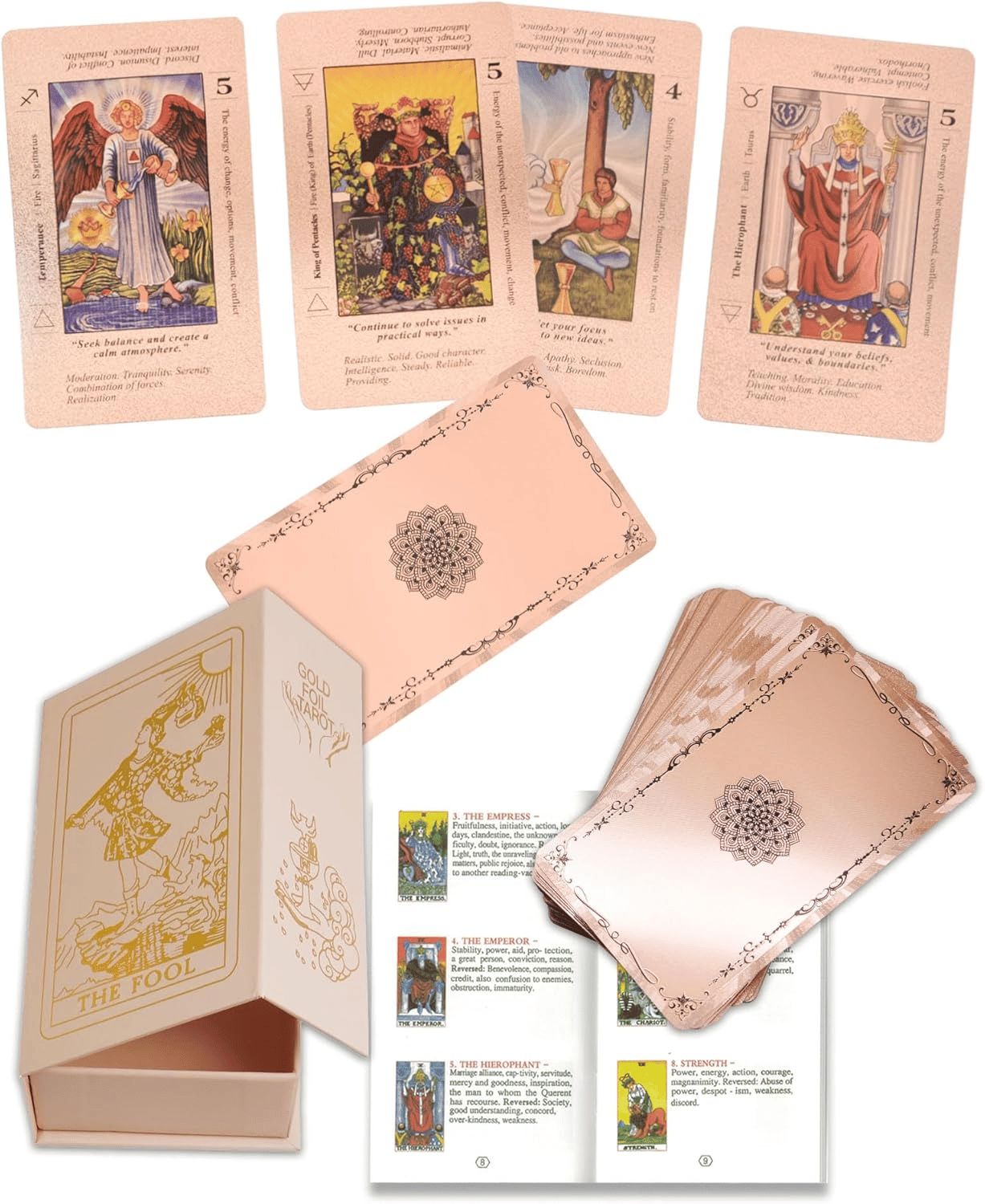 The Witch's Cauldron Rose Gold Tarot Card Set includes a guide booklet and is suitable for beginners. It features information on chakras, planets, zodiac signs, elements, and affirmations.