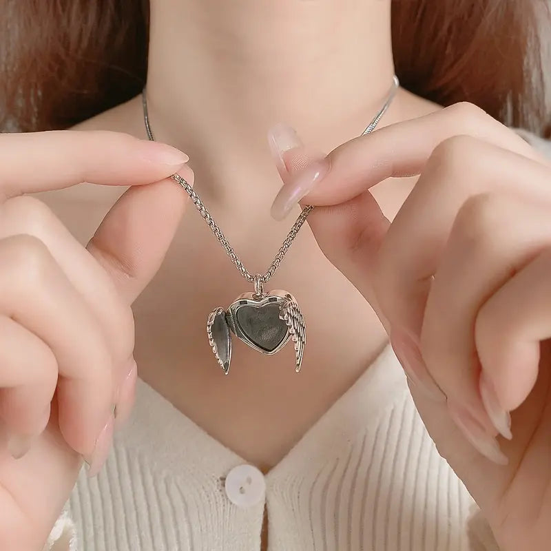 Sterling silver cremation locket necklace with angel wings, urn keepsake pendant, custom photo urn jewelry, funeral memorial gift