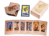 The Witch's Cauldron Rose Gold Tarot Card Set includes a guide booklet and is suitable for beginners. It features information on chakras, planets, zodiac signs, elements, and affirmations.
