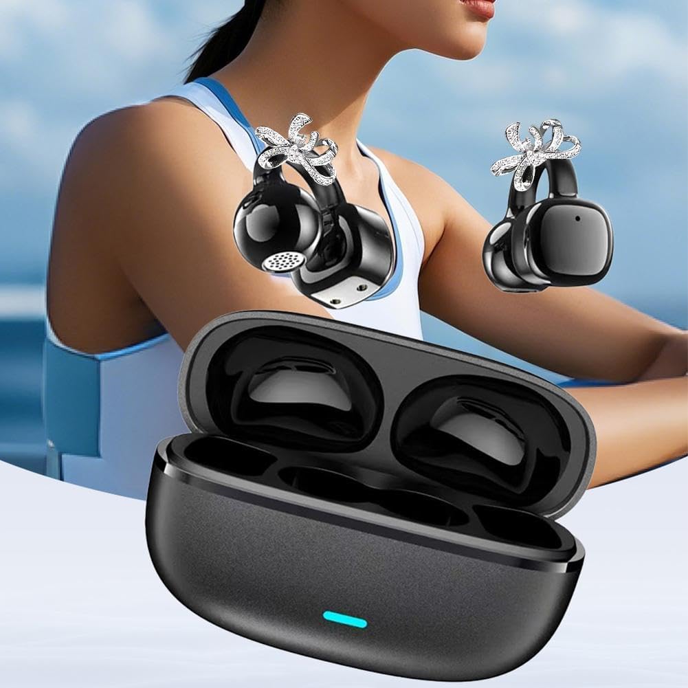 🎧2026 New Clip-On Open-Ear Headphones – Wireless Bluetooth Earbuds with AI Noise Cancelling. Rhinestone Decor & Water Resistant