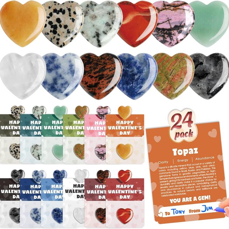 Valentine's Day Gem Gifts for Kids & Adults – 24-Pack Prefilled Cards with Heart-Shaped Gemstones